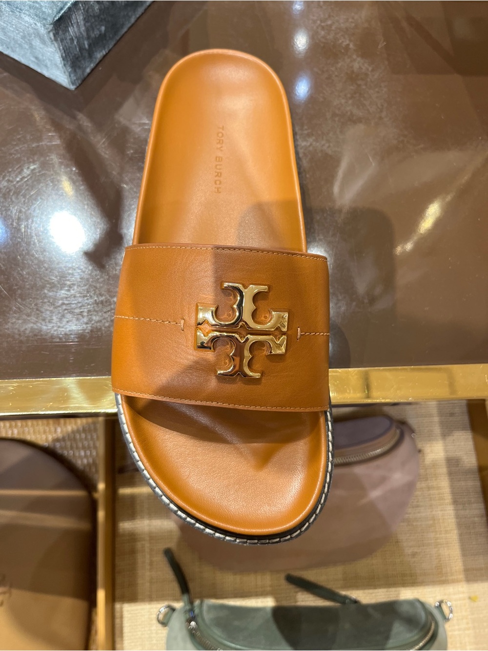 Tory Burch Tan Leather Slide with Gold Logo Hardware